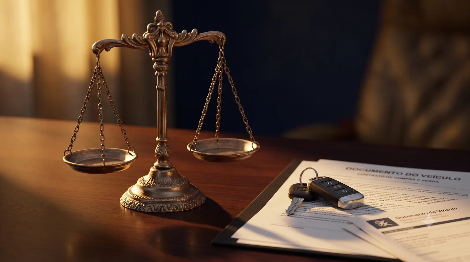 A balança da justiça e os documentos do veículo — conheça seu direito