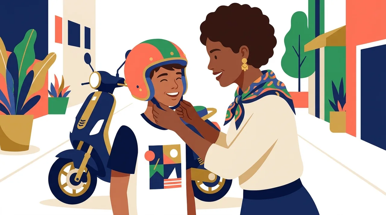Mãe afivelando capacete no filho