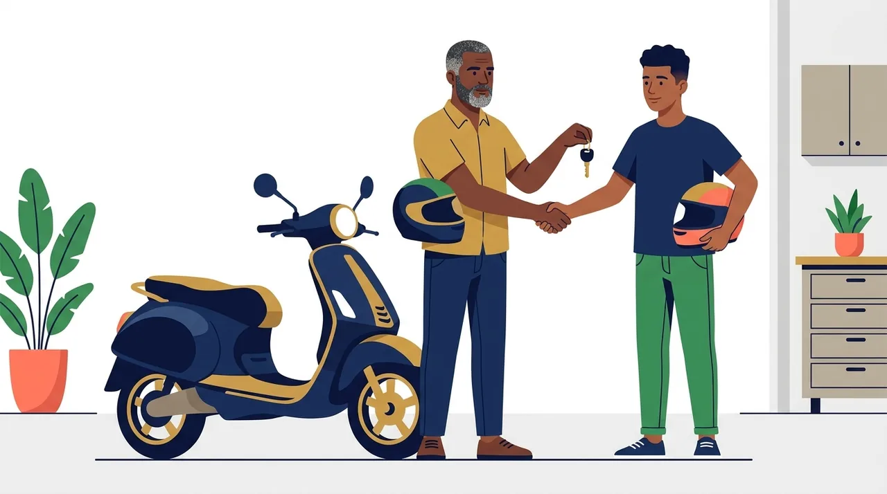 Pai entregando a chave da scooter ao filho adolescente